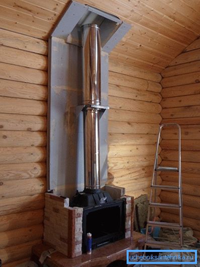 На фото - пример установки стальной трубы в деревянном коттедже