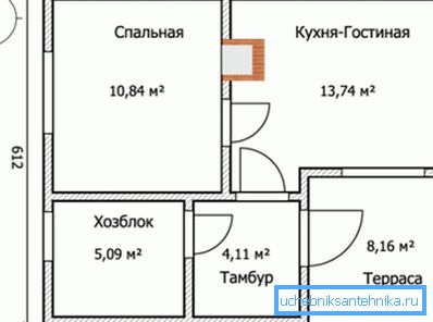Проект с расположением отопительной конструкции между гостиной и спальней.