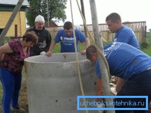 Процесс опущения железобетонных колец.